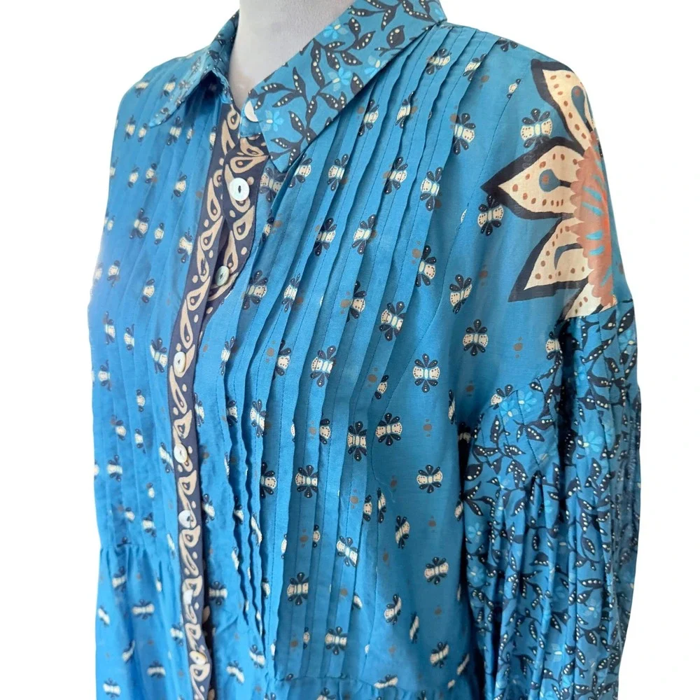 Farm Rio Blue Ainika Chill Maxi Shirtdress Pintuck Balloon Sleeve Cotton, L - Picture 3 of 11
